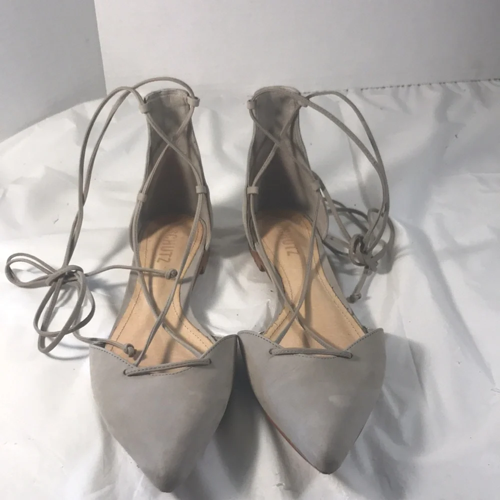 Schulz Women's Neida Light Gray Suede Lace-Up the Ankle Pointed Toe Ballet Flats